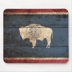 Wyoming State Flag on Old Wood Grain Mouse Mat