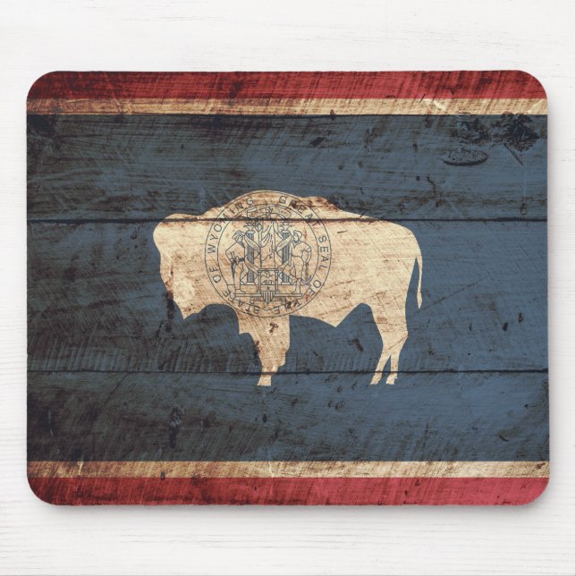 Wyoming State Flag on Old Wood Grain Mouse Mat (Front)
