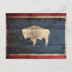 Wyoming State Flag on Old Wood Grain Postcard