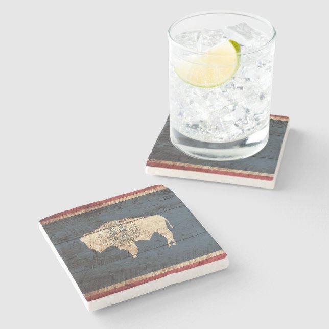 Wyoming State Flag on Old Wood Grain Stone Coaster (Side)