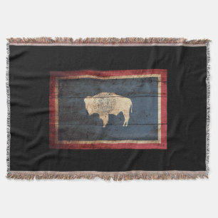 Wyoming State Flag on Old Wood Grain Throw Blanket