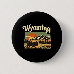 Wyoming State Retro Bison Mountain Sunset 6 Cm Round Badge
