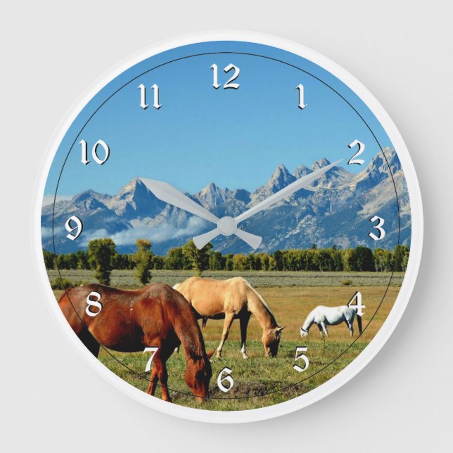 Wyoming, Teton Mountains, with Horses Grazing Large Clock (Front)