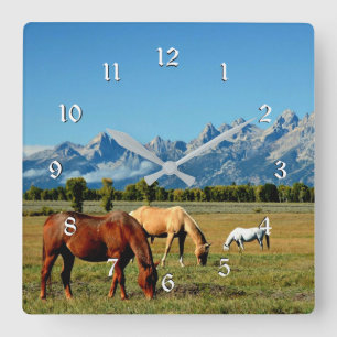 Wyoming, Teton Mountains, with Horses Grazing Square Wall Clock