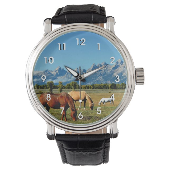 Wyoming, Teton Mountains, with Horses Grazing Watch (Front)