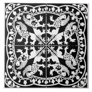 Wyvern Griffin Beast Mediaeval Black White Antique Tile