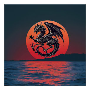 Wyvern Soaring Over Sunset Ocean – Epic Fantasy La Poster