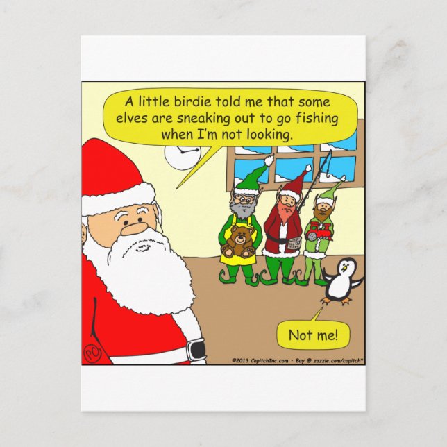 x81 Santa's elf has gone fishing? Cartoon Holiday Postcard (Front)