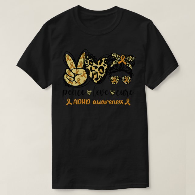 X8XM Peace Love Cure Orang Ribbon ADHD Awareness M T-Shirt (Design Front)