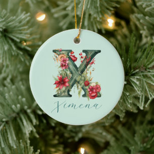(X) Floral Monogram Green Watercolor Tree Decor Ceramic Tree Decoration