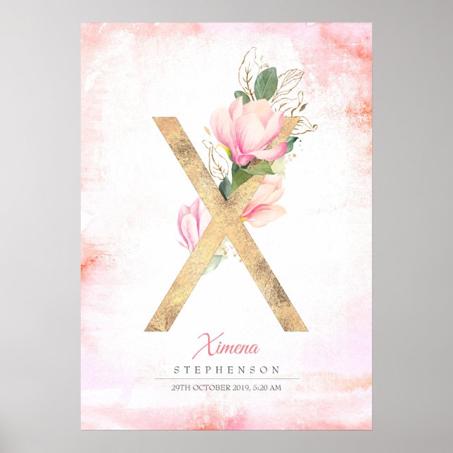 X Letter Monogram Gold Leaves Pink Magnolia Floral Poster (Front)