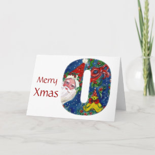 X LETTER / SANTA CLAUS WITH RED RIBBON MONOGRAM HOLIDAY CARD