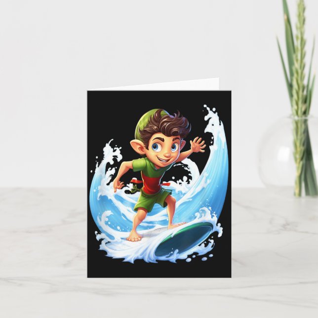 X-mas Christmas Elf Riding Surfboard Surfboard  Card (Front)