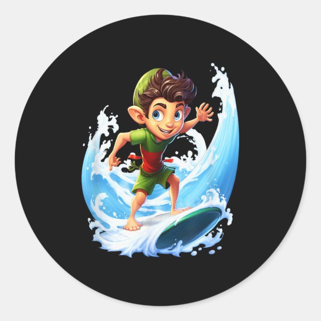 X-mas Christmas Elf Riding Surfboard Surfboard  Classic Round Sticker (Front)