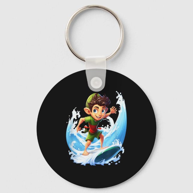 X-mas Christmas Elf Riding Surfboard Surfboard  Key Ring (Front)