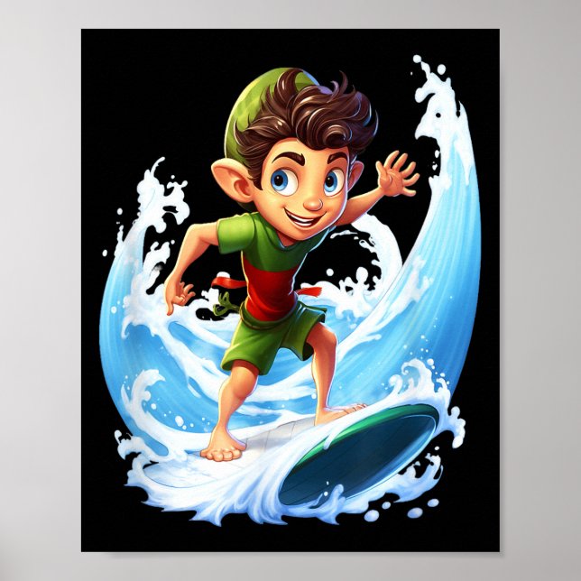 X-mas Christmas Elf Riding Surfboard Surfboard  Poster (Front)