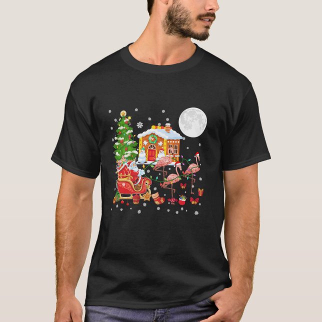 X mas Santa Sleigh Reindeer Three Santa Flamingos  T-Shirt (Front)
