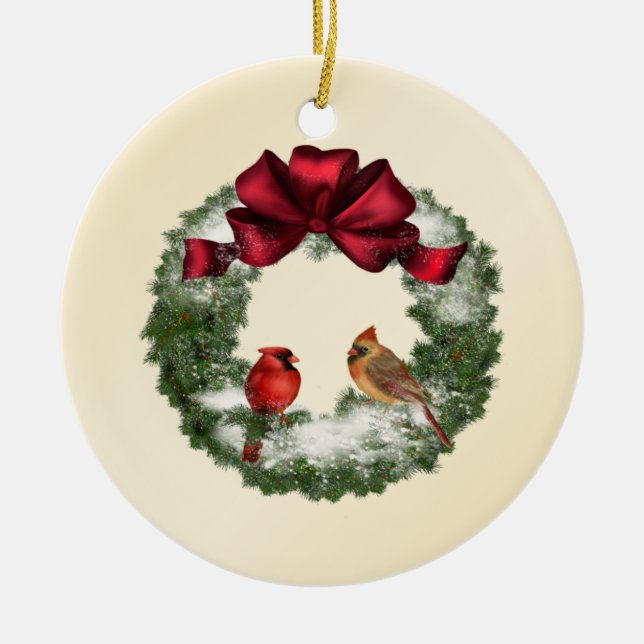 X-Mas Wreath and Birds Ceramic Tree Decoration (Front)