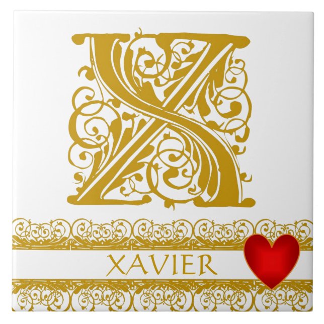 X Monogram Name Gold Lace Red Heart Template Tile (Front)