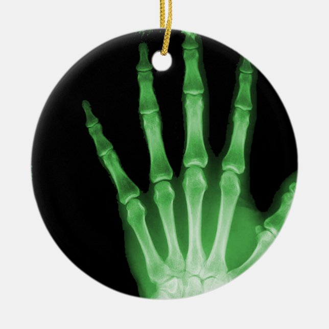 X-RAY SKELETON HAND FINGERS GREEN CERAMIC TREE DECORATION (Front)