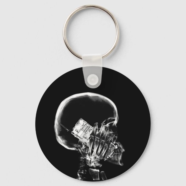 X-RAY SKELETON ON CELL PHONE BLACK & WHITE KEY RING (Front)