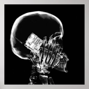 X-RAY SKELETON ON CELL PHONE BLACK & WHITE POSTER