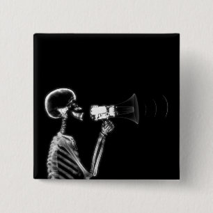 X-RAY SKELETON ON MEGAPHONE - B&W 15 CM SQUARE BADGE