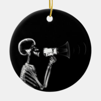 X-RAY SKELETON ON MEGAPHONE - B&W CERAMIC TREE DECORATION