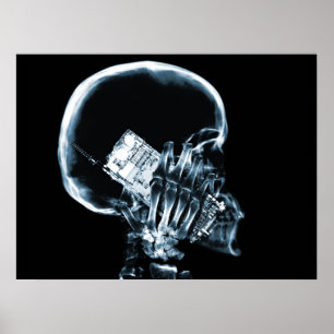 X-RAY SKELETON ON PHONE - BLUE POSTER