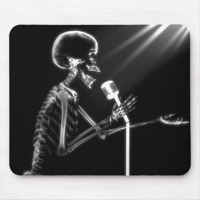 X-RAY SKELETON SINGING ON RETRO MIC - B&W MOUSE MAT (Front)