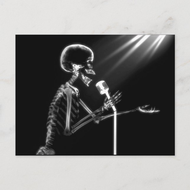 X-RAY SKELETON SINGING ON RETRO MIC - B&W POSTCARD (Front)