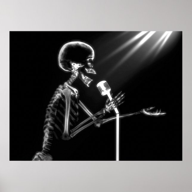 X-RAY SKELETON SINGING ON RETRO MIC - B&W POSTER (Front)