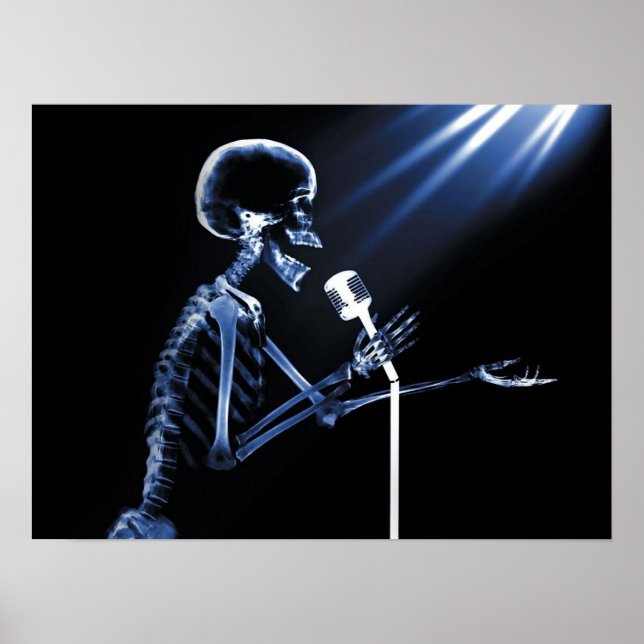 X-RAY SKELETON SINGING ON RETRO MIC - BLUE POSTER (Front)