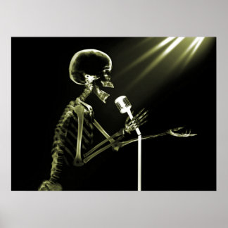 X-RAY SKELETON SINGING ON RETRO MIC - YELLOW POSTER