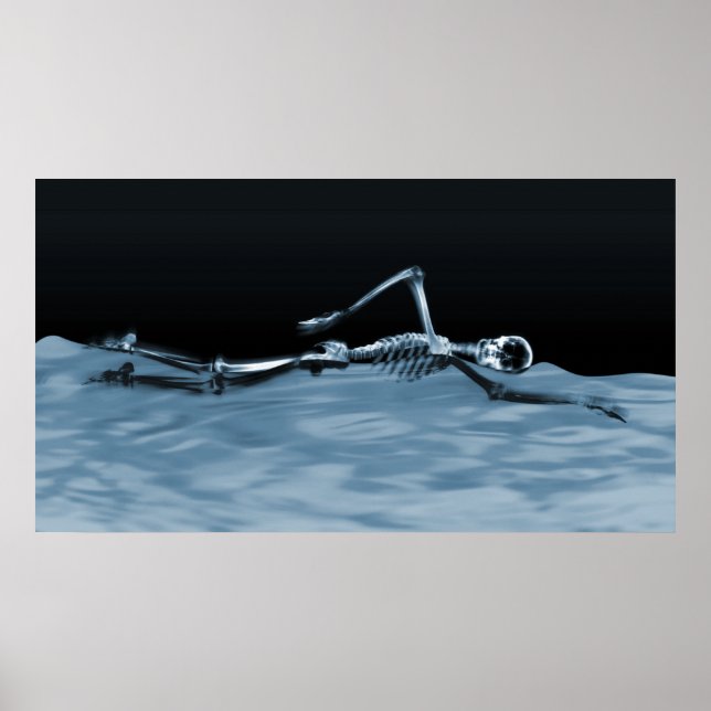 X-Ray Skeleton Swimming in Lake Neg Blue Poster (Front)