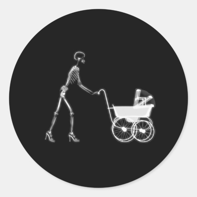 X-RAY SKELETON WOMAN & BABY CARRIAGE - B&W CLASSIC ROUND STICKER (Front)