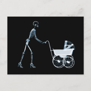 X-RAY SKELETON WOMAN & BABY CARRIAGE - BLUE POSTCARD