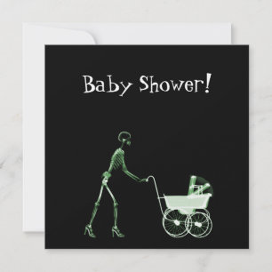 X-RAY SKELETON WOMAN & BABY CARRIAGE - GREEN INVITATION