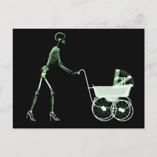 X-RAY SKELETON WOMAN & BABY CARRIAGE - GREEN POSTCARD