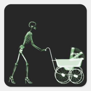 X-RAY SKELETON WOMAN & BABY CARRIAGE - GREEN SQUARE STICKER