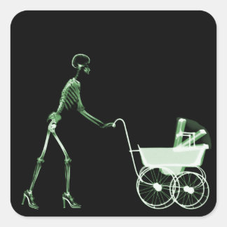 X-RAY SKELETON WOMAN & BABY CARRIAGE - GREEN SQUARE STICKER