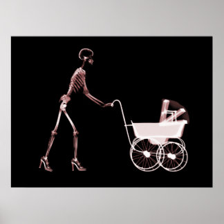 X-RAY SKELETON WOMAN & BABY CARRIAGE - RED POSTER