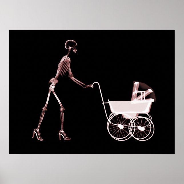 X-RAY SKELETON WOMAN & BABY CARRIAGE - RED POSTER (Front)