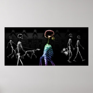 X-Ray Skeletons Midnight Stroll - B&W & Rainbow Poster