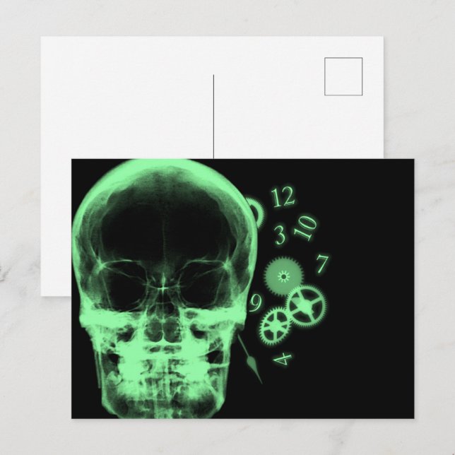 X-Ray Skull & Clock Parts - Green  Postcard (Front/Back)