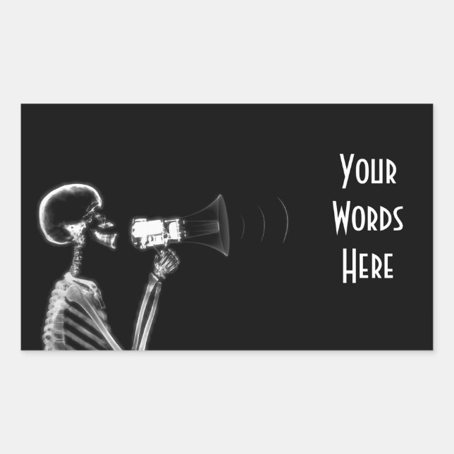 X-RAY VISION SKELETON ON MEGAPHONE - B&W RECTANGULAR STICKER (Front)