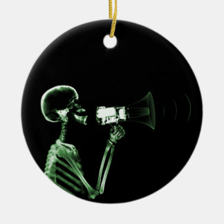 X-RAY VISION SKELETON ON MEGAPHONE - GREEN CERAMIC TREE DECORATION