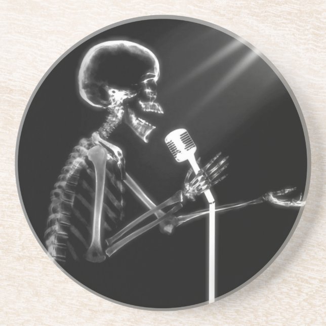 X-RAY VISION SKELETON SINGING ON RETRO MIC - B&W COASTER (Front)