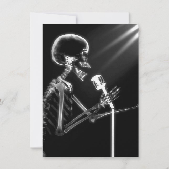 X-RAY VISION SKELETON SINGING ON RETRO MIC - B&W INVITATION (Front)