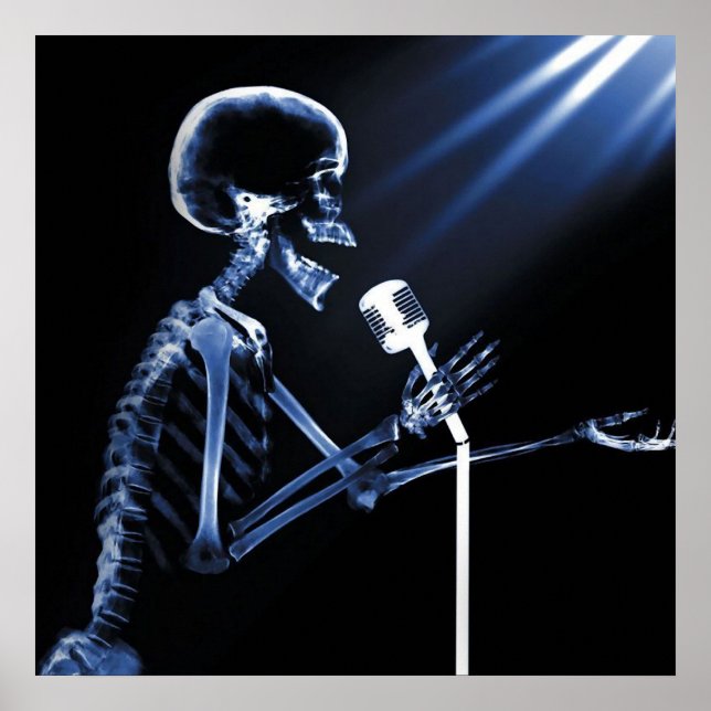 X-RAY VISION SKELETON SINGING ON RETRO MIC - BLUE POSTER (Front)